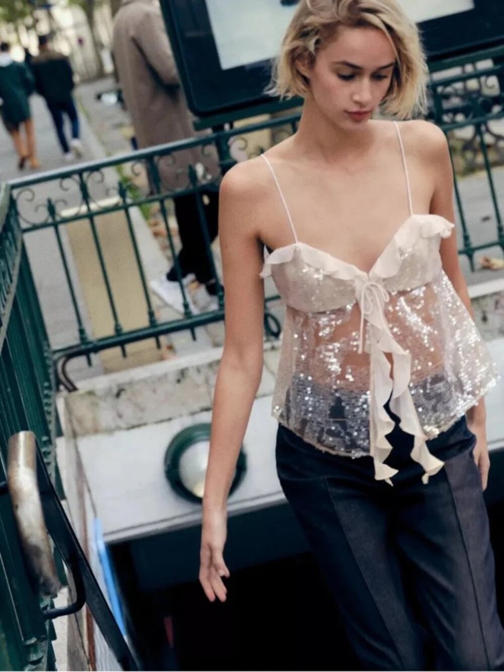Zara Sheer Sequin Spaghetti-Strap Camisole in Ivory